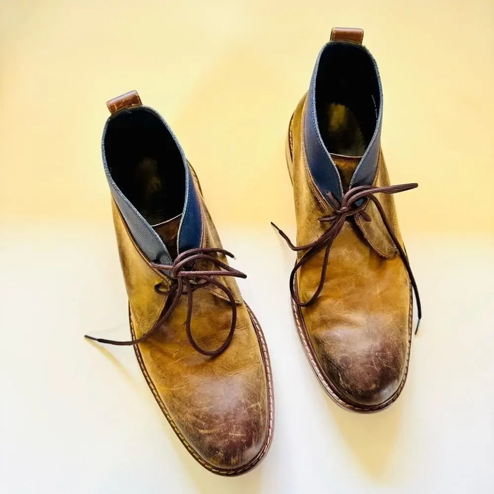 MENS COLE HAAN Cognac Brown Leather Chukka Blue Ankle Boots Lace Up Shoes 8.5